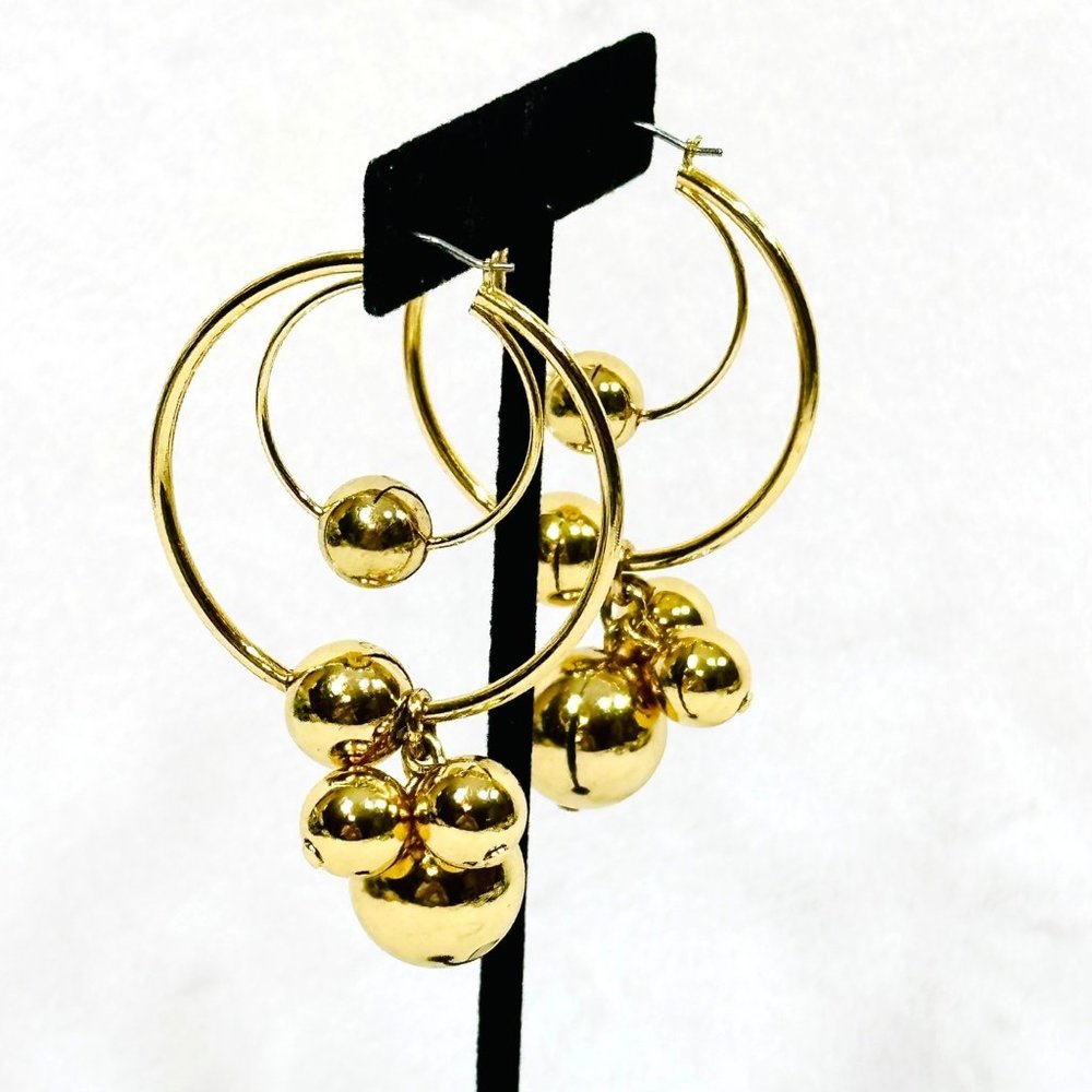 Gold Tone Large Hoop Earrings w/Cluster Dangle